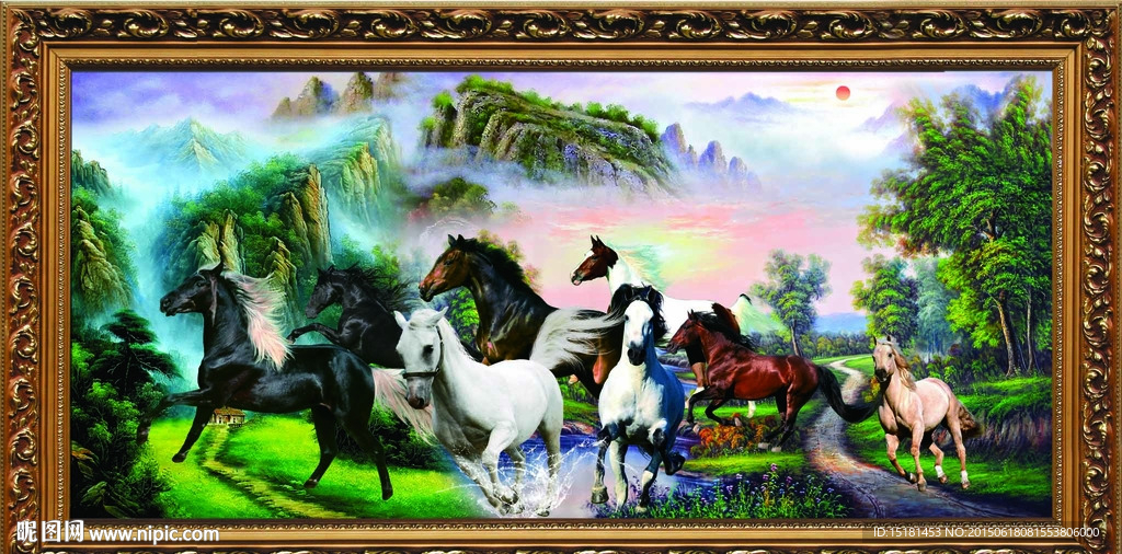 八骏图油画风景