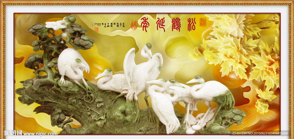 玉雕背景墙 松鹤延年