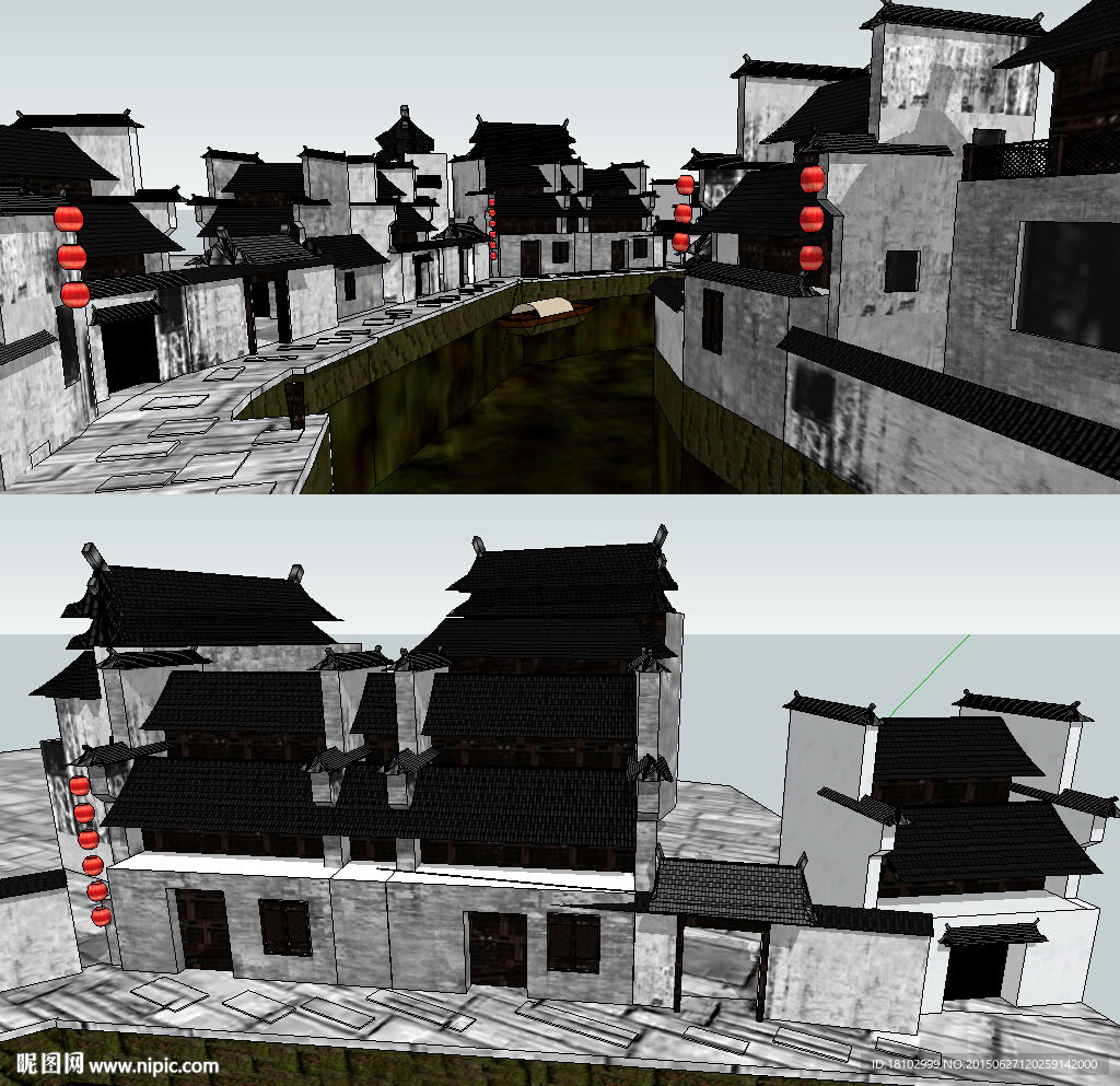 中式徽派院落建筑草图SU模型