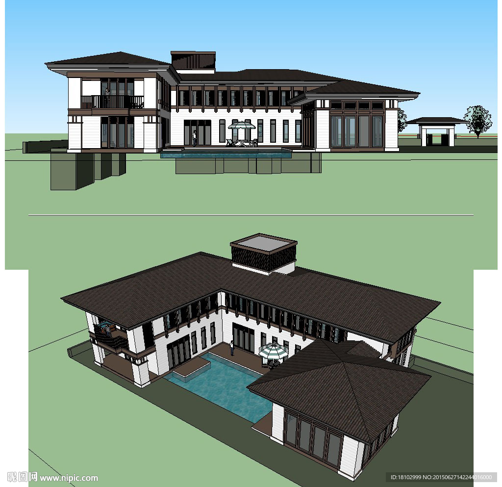 中式唐郡风格别墅建筑草图模型