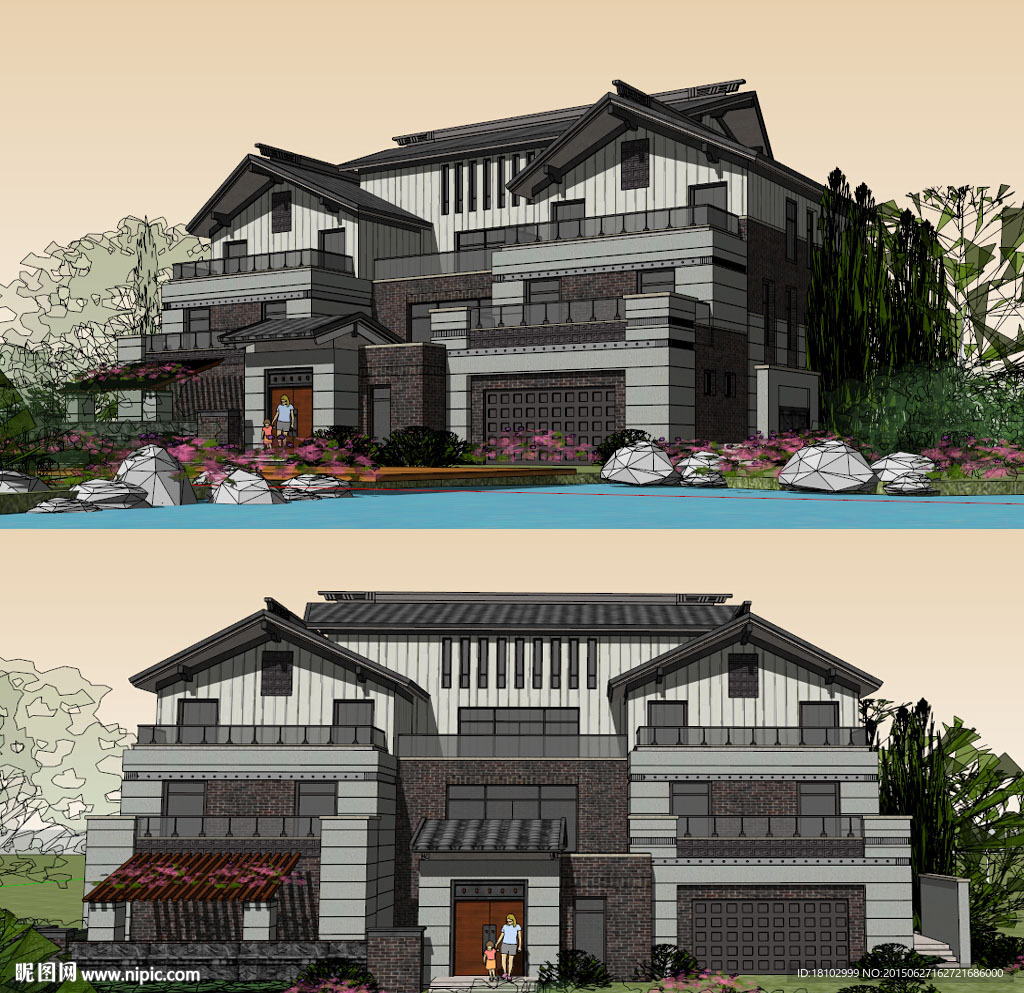 中式别墅建筑草图大师SU模型