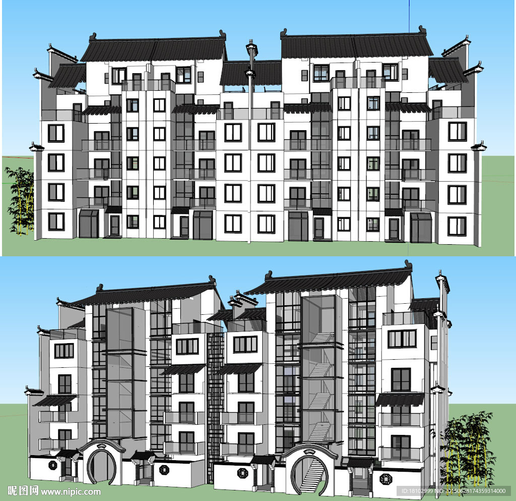 中式多层SU居住建筑草图大师