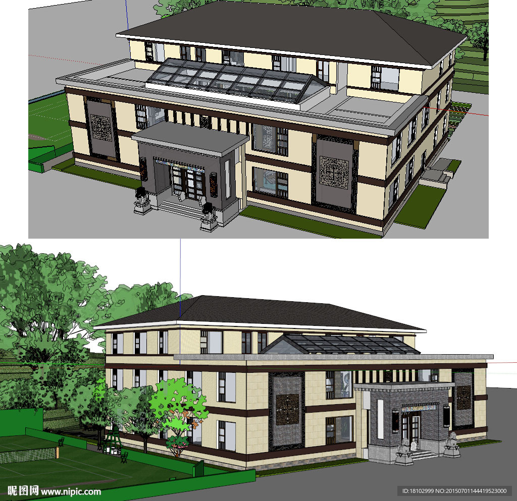 中私人会馆建筑草图大师SU模型