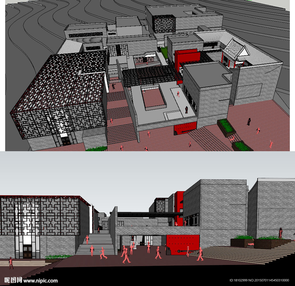 中式文化馆建筑草图大师SU模型