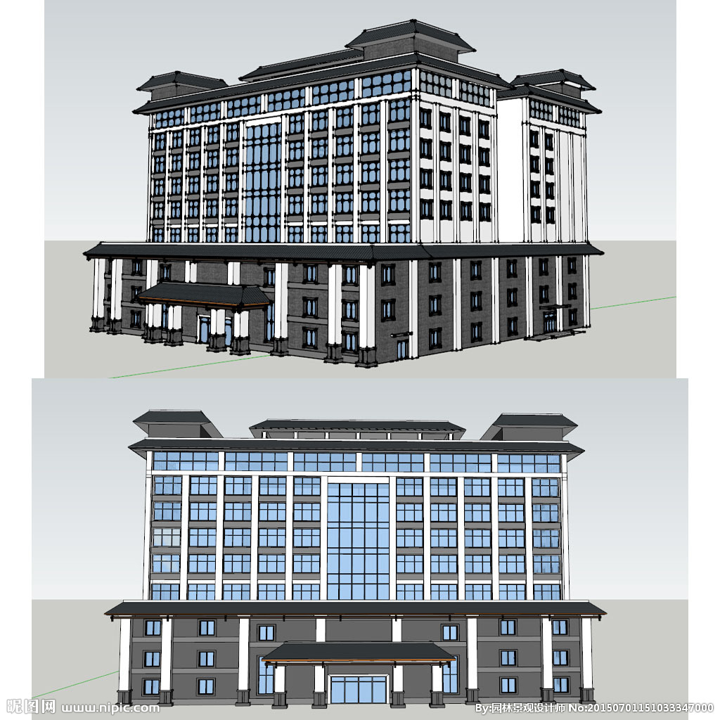 新中式办公楼建筑草图SU模型