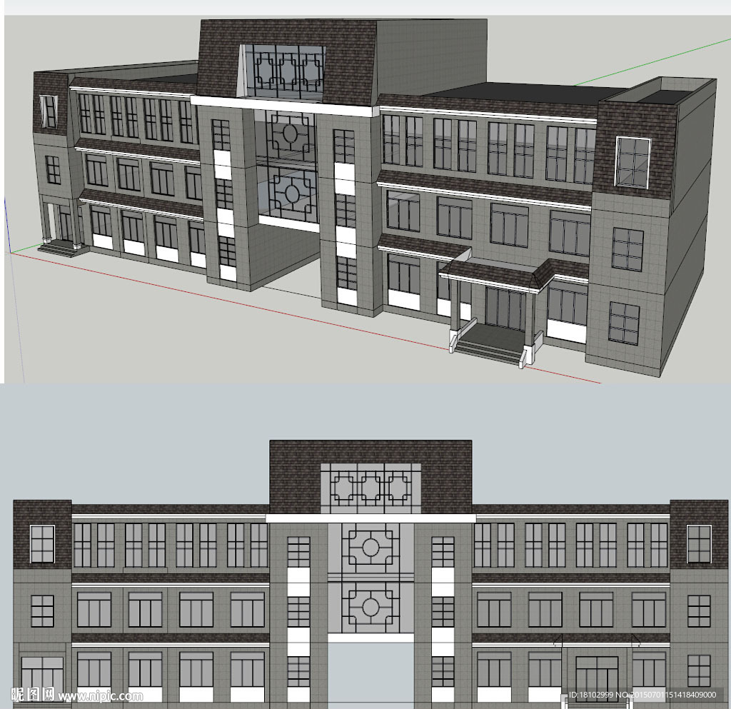 中式办公楼建筑草图大师SU模型