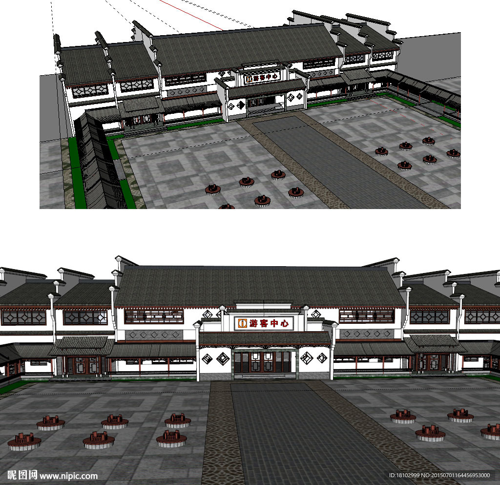 游客中心中式建筑草图大师模型