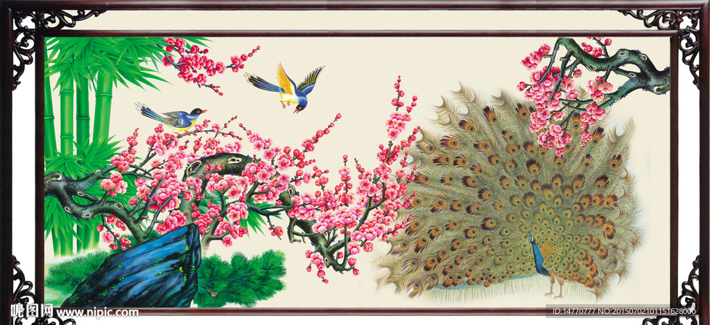 孔雀花鸟梅花图