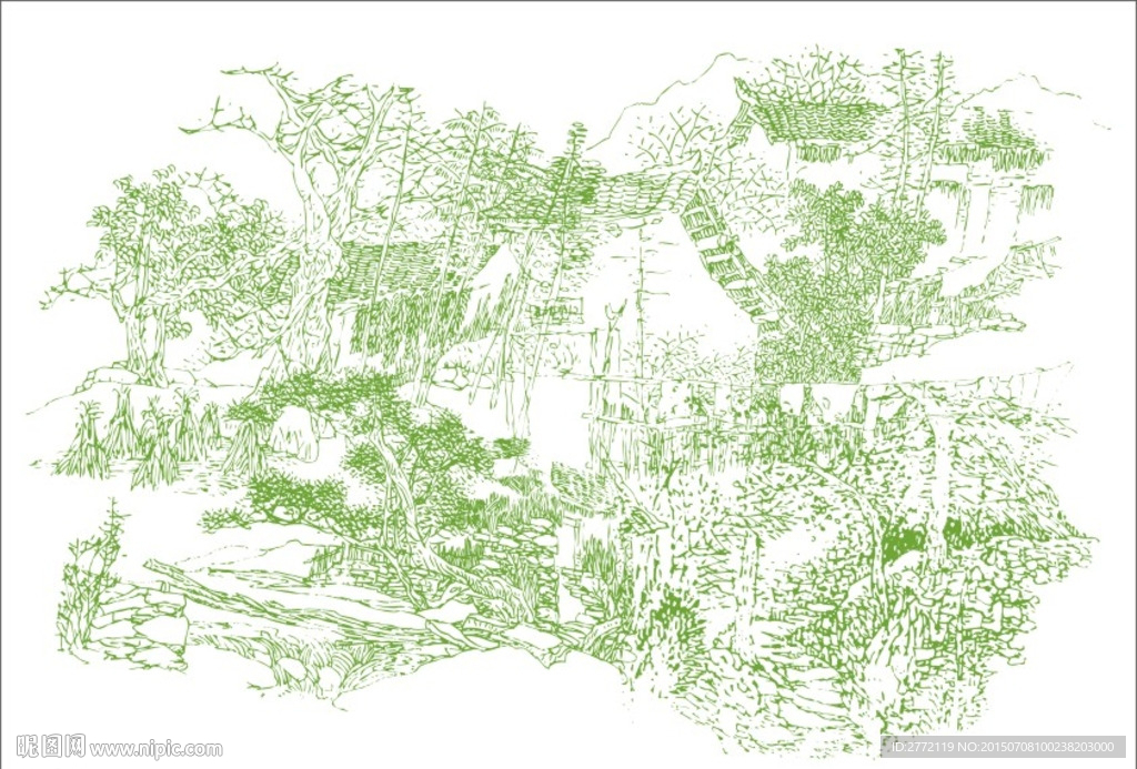绿树别样小木屋 工笔画
