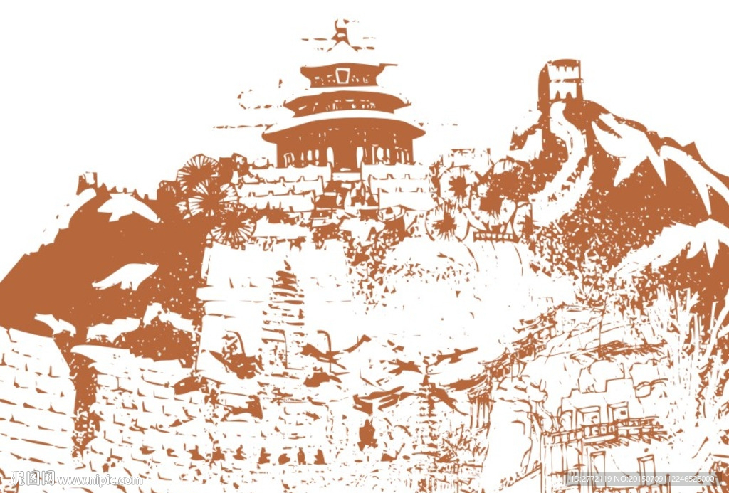 长城景致 白描画