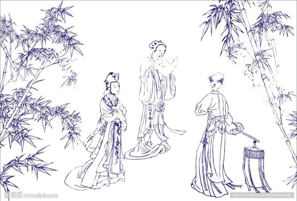古代美人竹林看书 工笔画