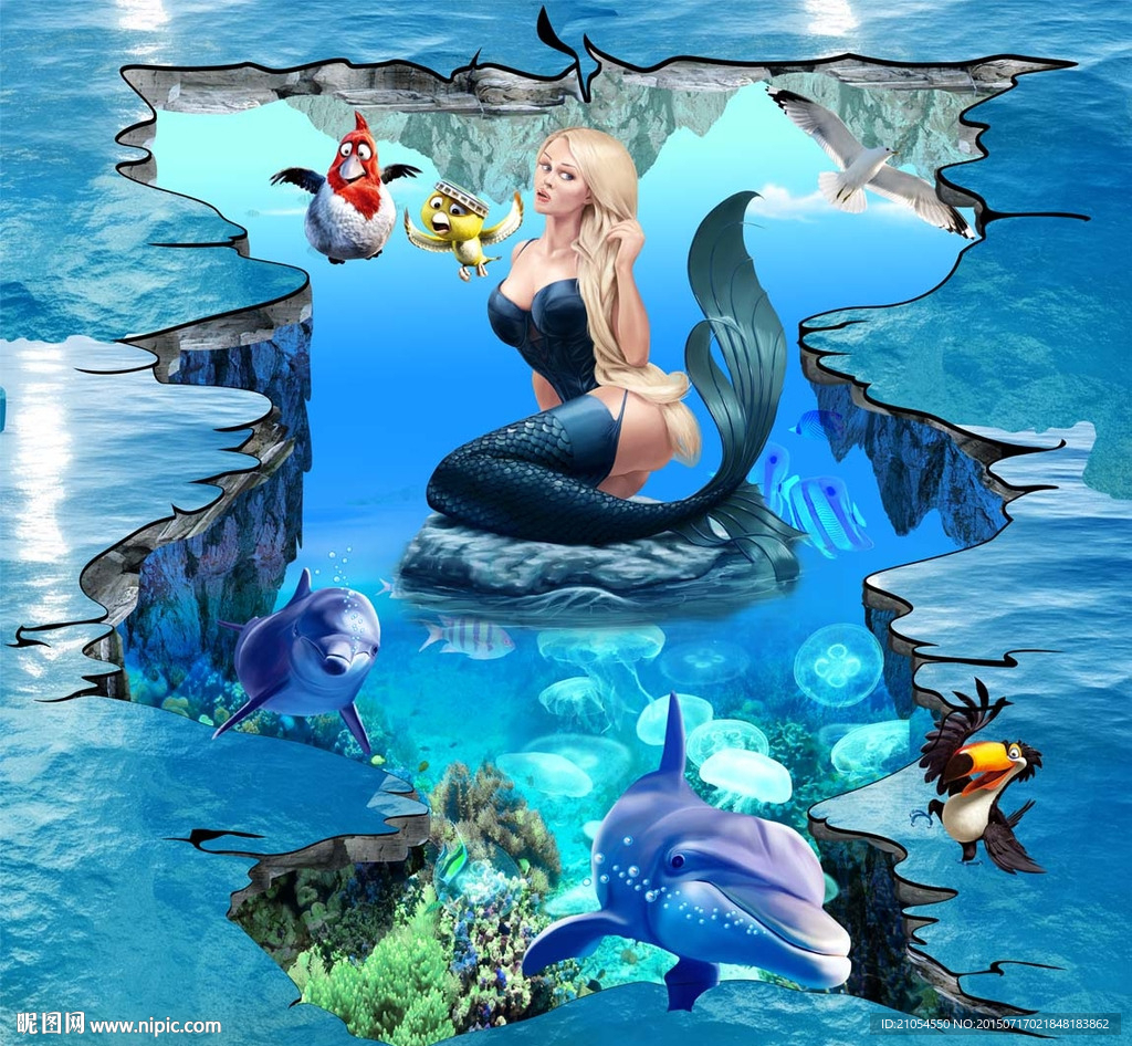 3D美人鱼海豚电视背景墙