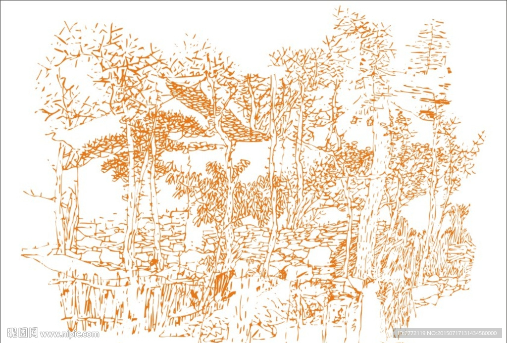 小树瓦屋石砖 钢笔画