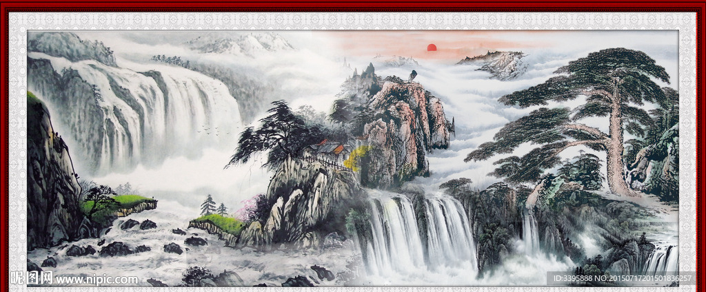 国画瀑布 迎客松