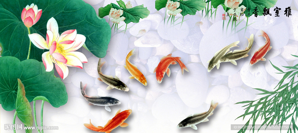 国画荷花 年年有鱼