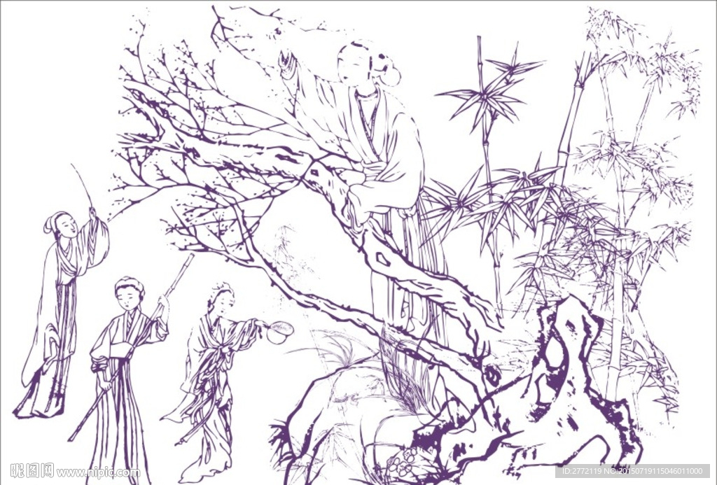 古代美人摘果子 工笔画