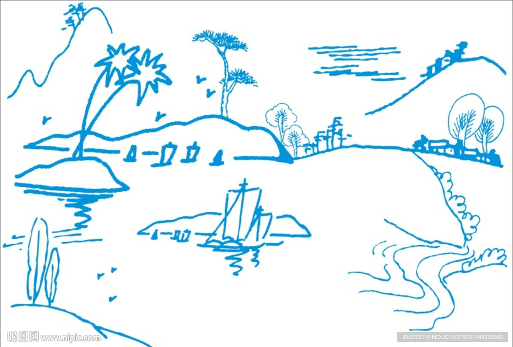高山流水小船 手绘画