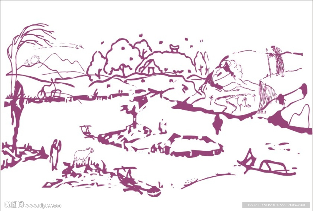湖边小山房屋 简写画
