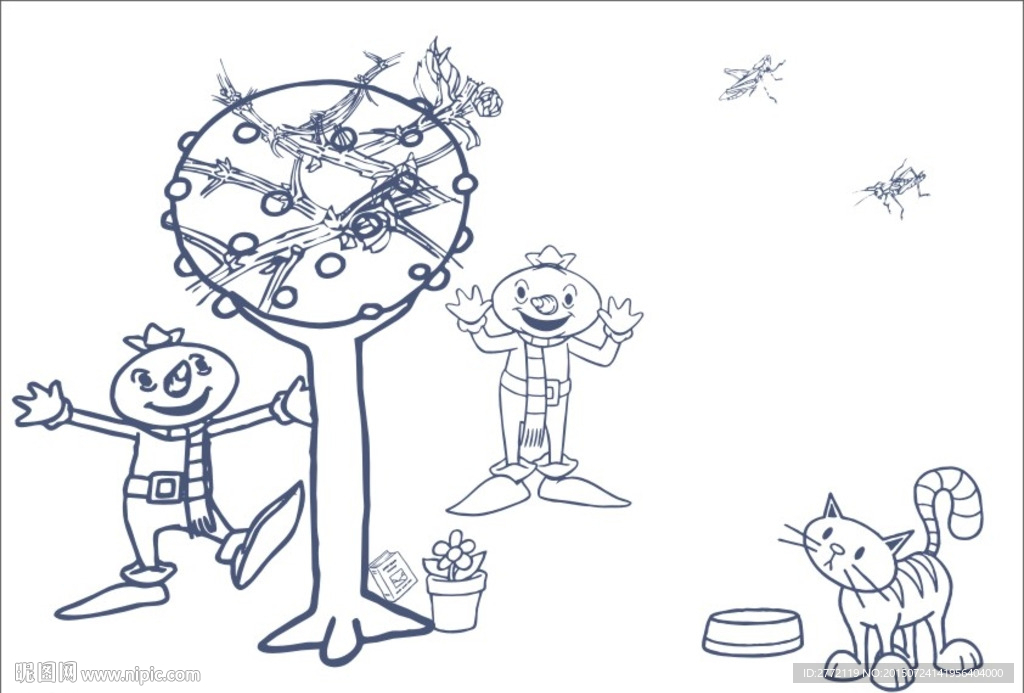 稻草人逗小猫 简笔画