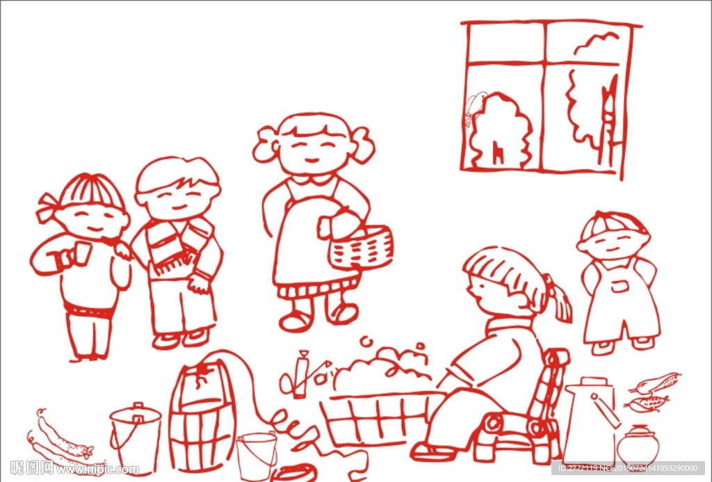 洗衣服拉家常 白描画