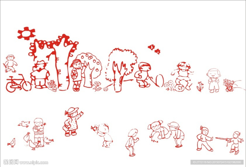 小孩玩游戏 白描画