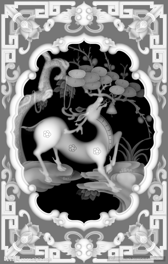 藏式柜子门板方葵鹿灰度图