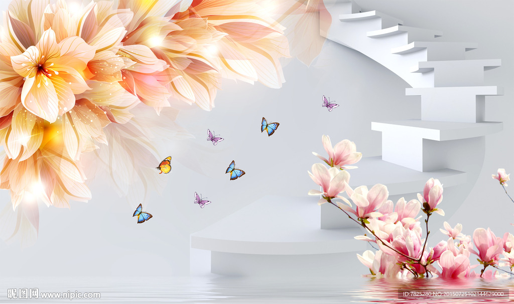 3D楼梯 桃花倒影分层图片
