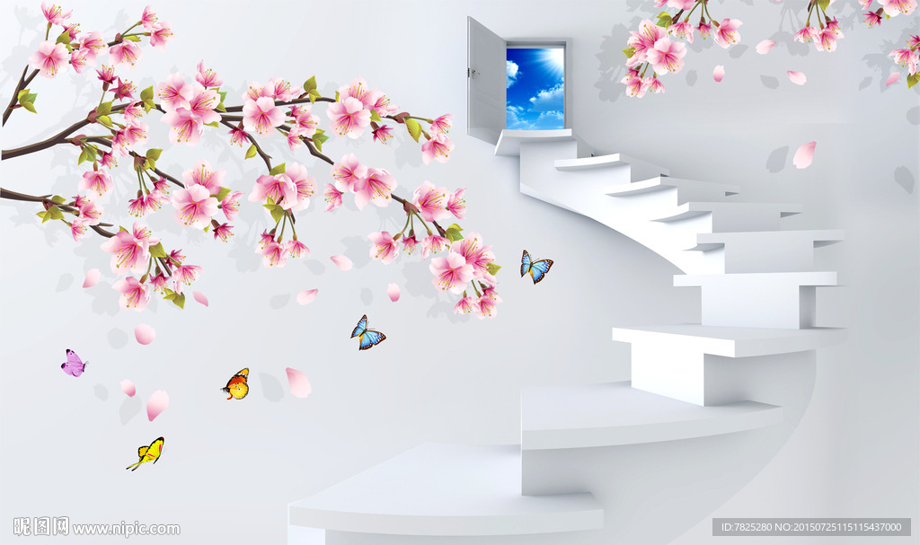 桃花 3D楼梯 窗户 分层图片