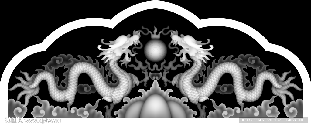 石雕双龙墓碑碑头二灰度图浮雕图