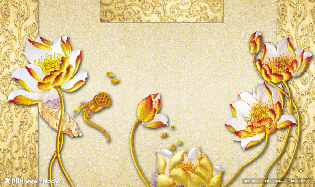 荷花彩雕电视背景墙