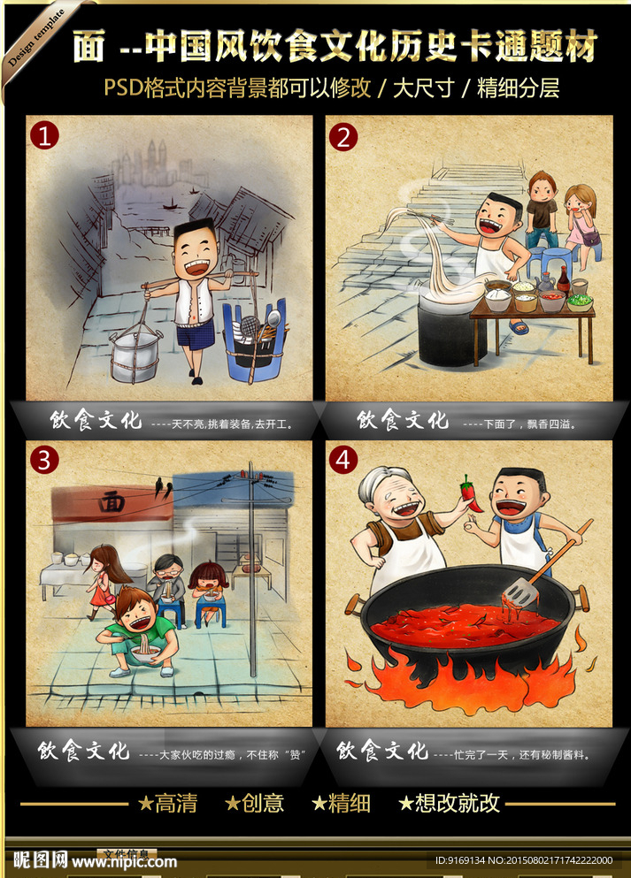 面中国风饮食文化历史卡通