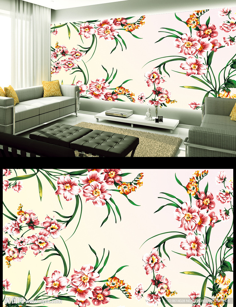 花开富贵电视背景墙