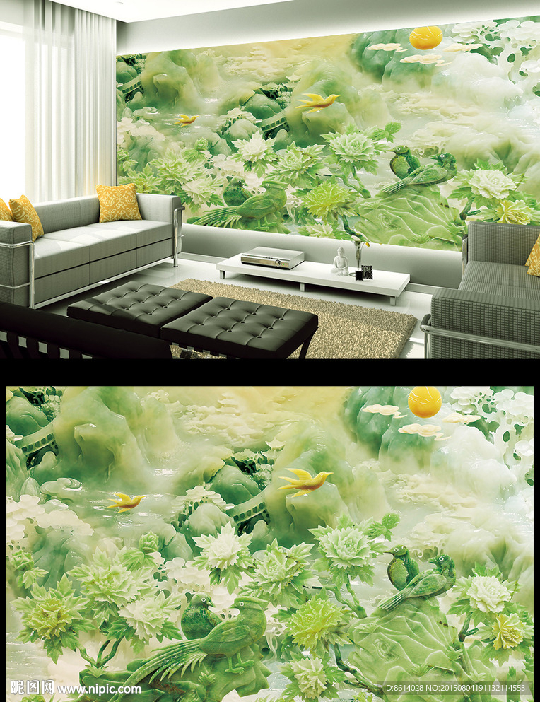 玉雕花开富贵电视背景墙