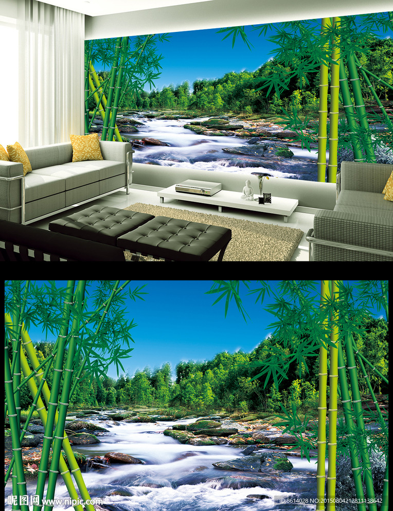 竹子山水风景电视背景墙
