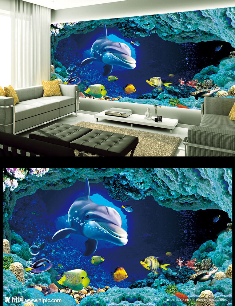 海洋海豚电视背景墙