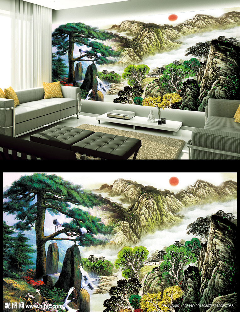 迎客松山峰电视背景墙