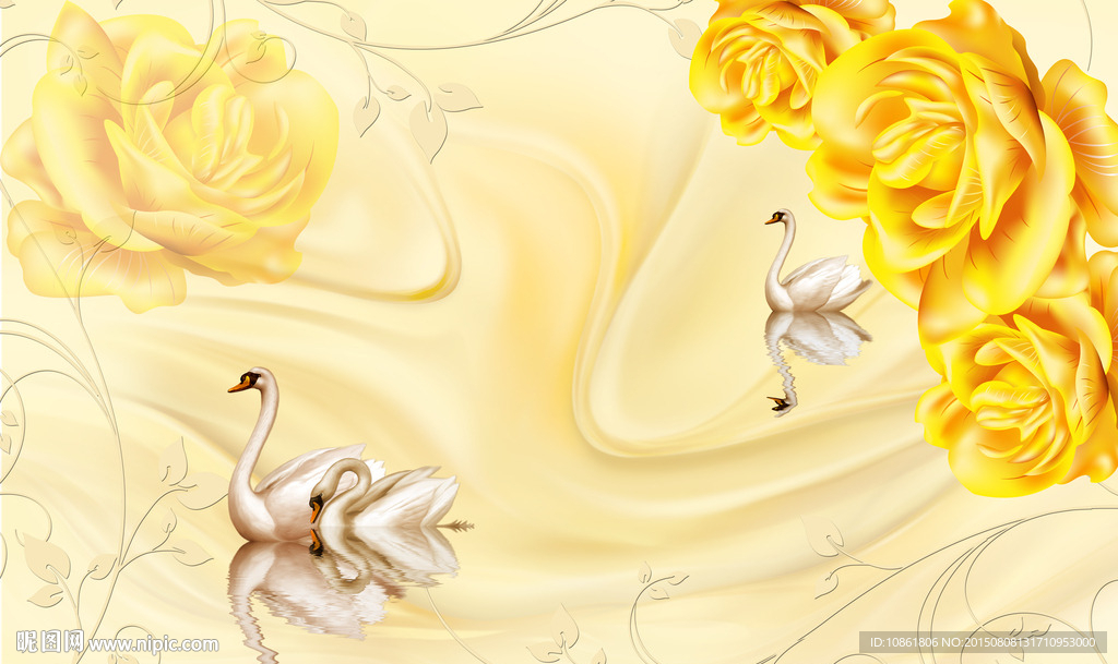 黄花天鹅丝绸3D壁画