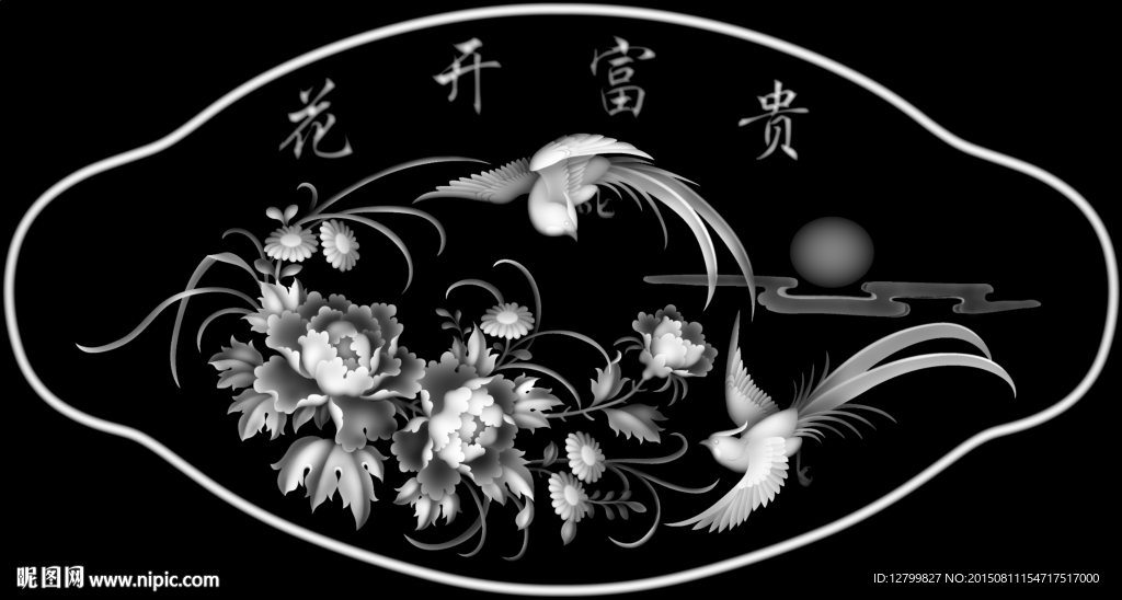 牡丹花鸟灰度图