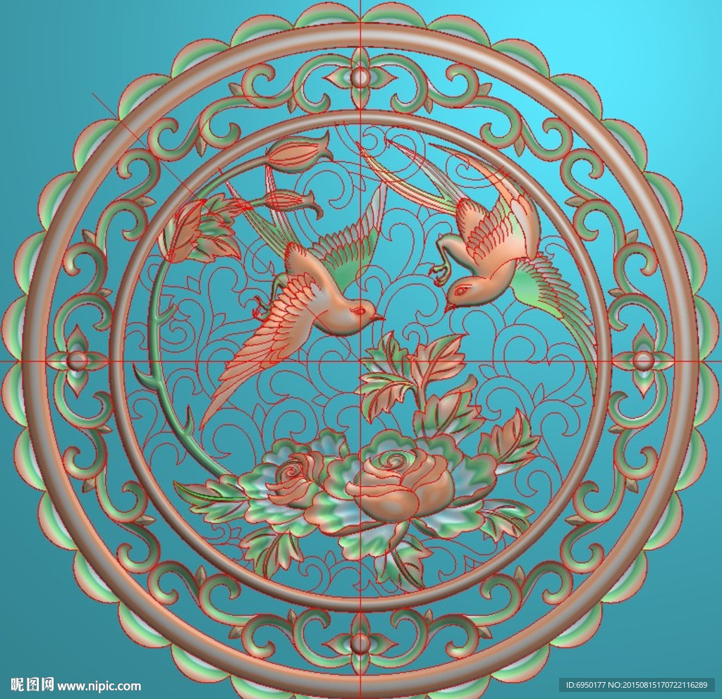 圆形洋花月季花鸟精雕图灰度浮雕