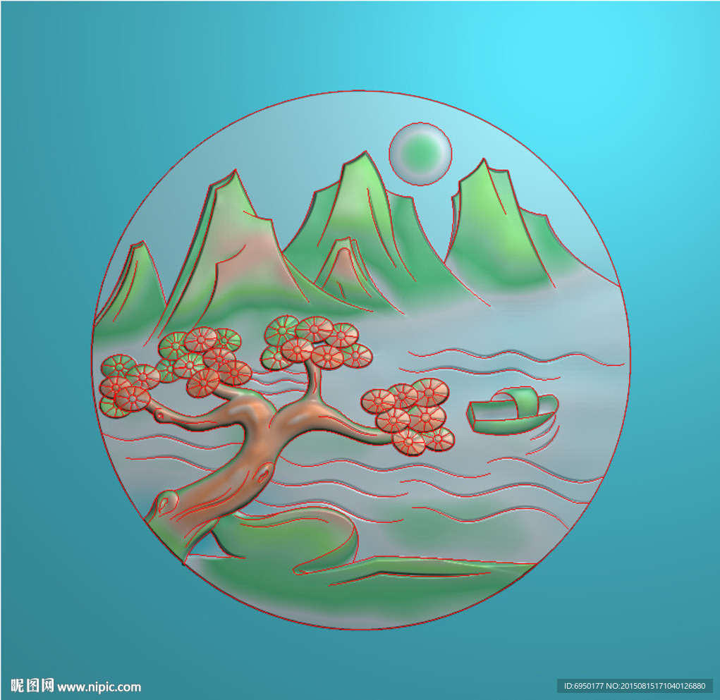圆形松树山水牌子精雕图浮雕灰度
