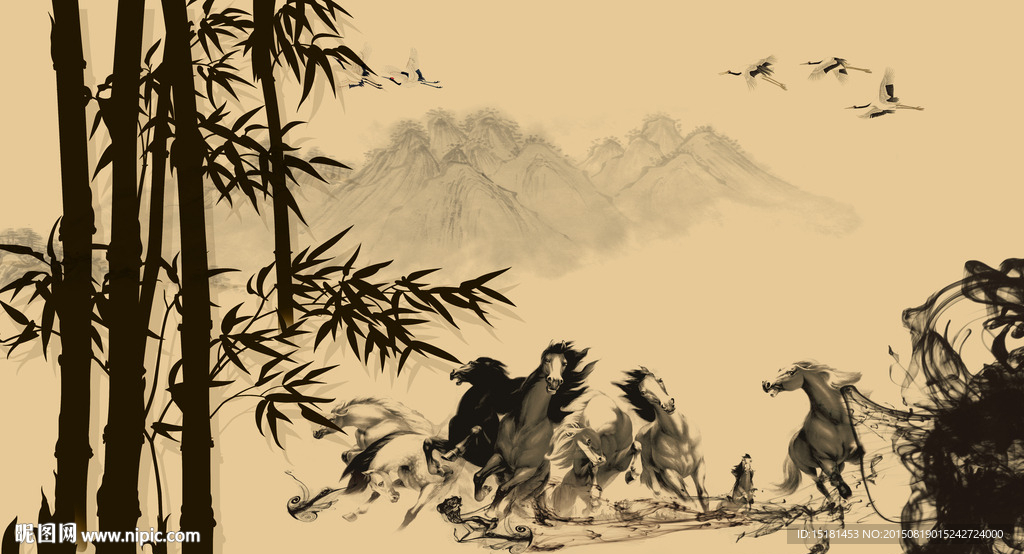 马到成功 水墨八骏图