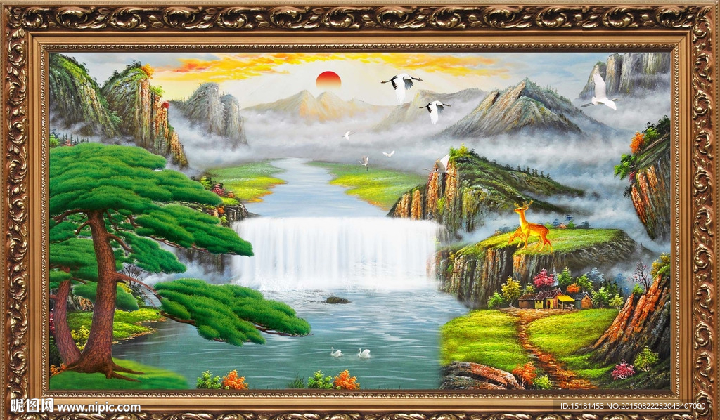 油画迎客松 流水生财