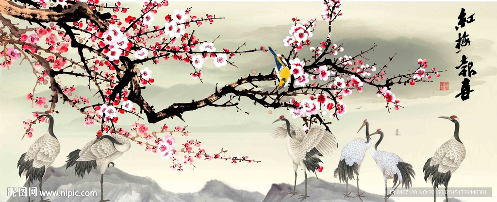 梅花仙鹤图