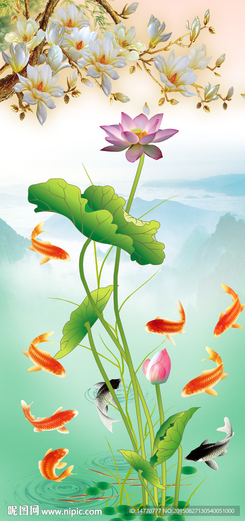 荷花九鱼图