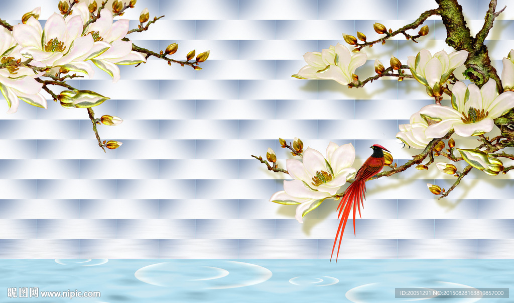 3d背景墙 花鸟玉兰花