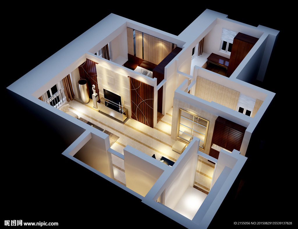 两室一厅鸟瞰室内效果图3d模型