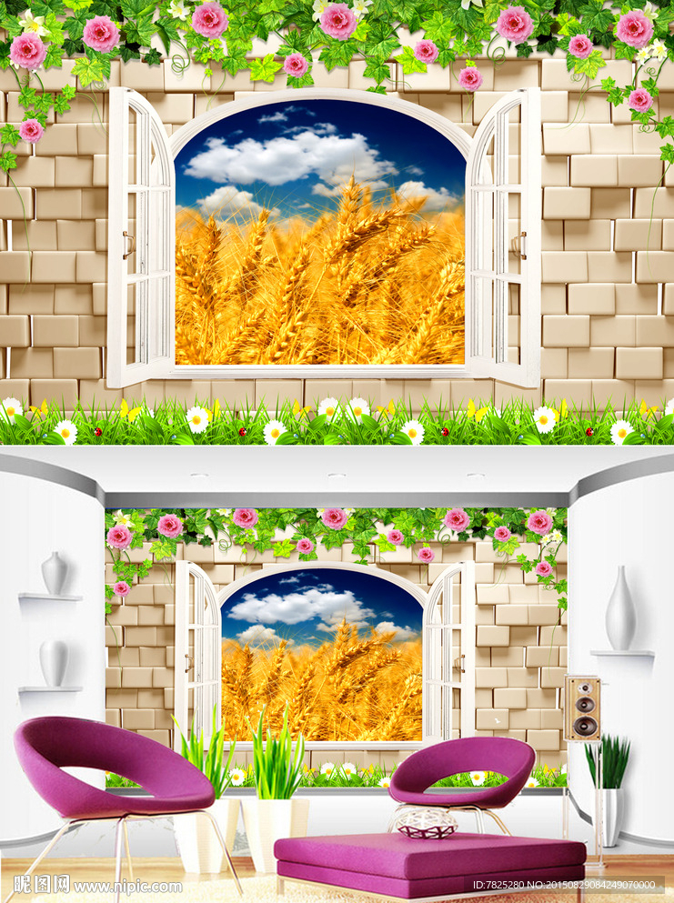 金色麦田抽象窗户立体电视背景墙
