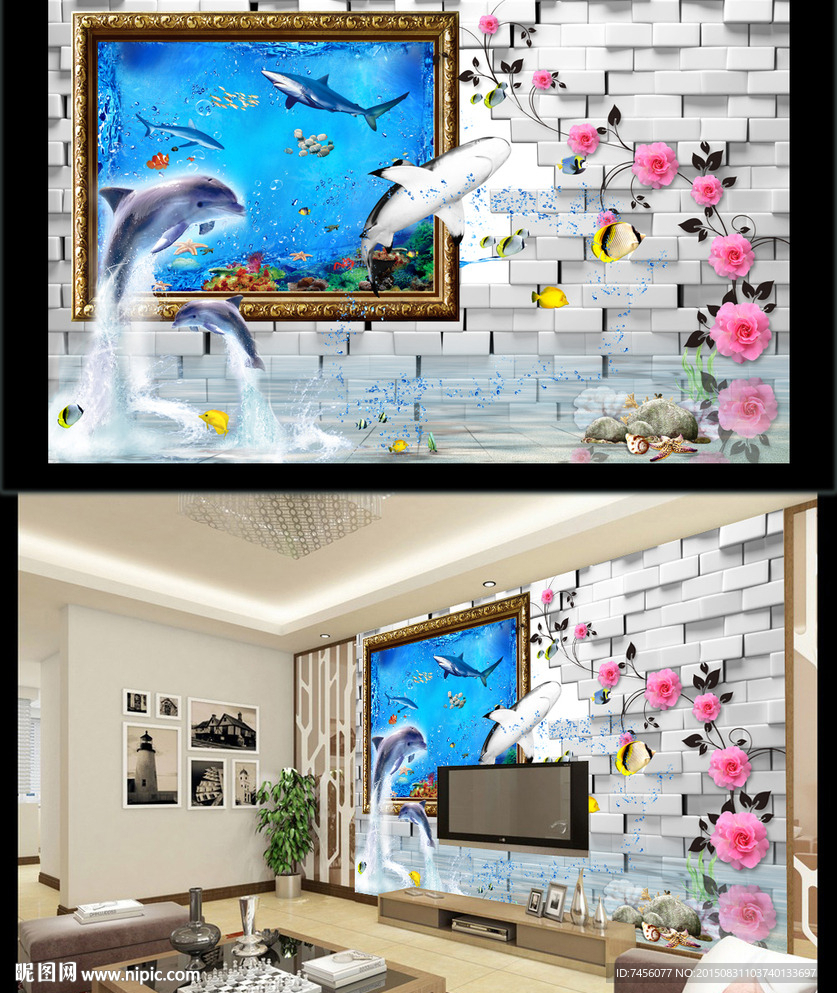 海豚玫瑰花高清壁画背景墙