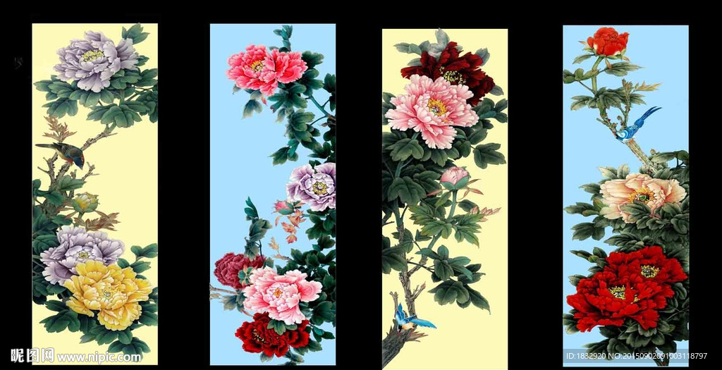国画牡丹 四屏