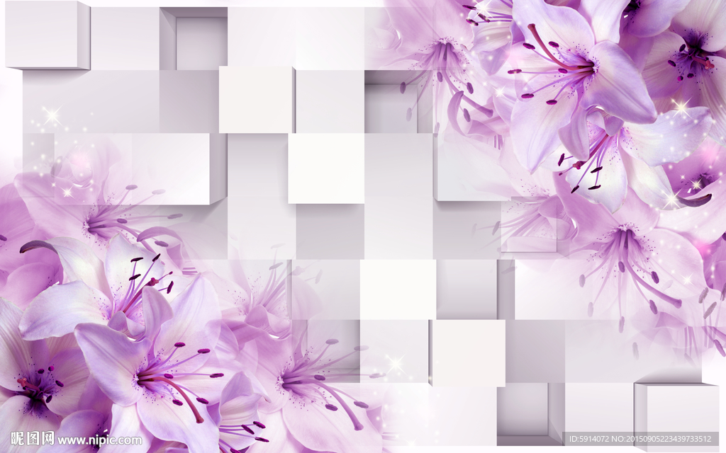 紫色花朵 3D壁画 源分层